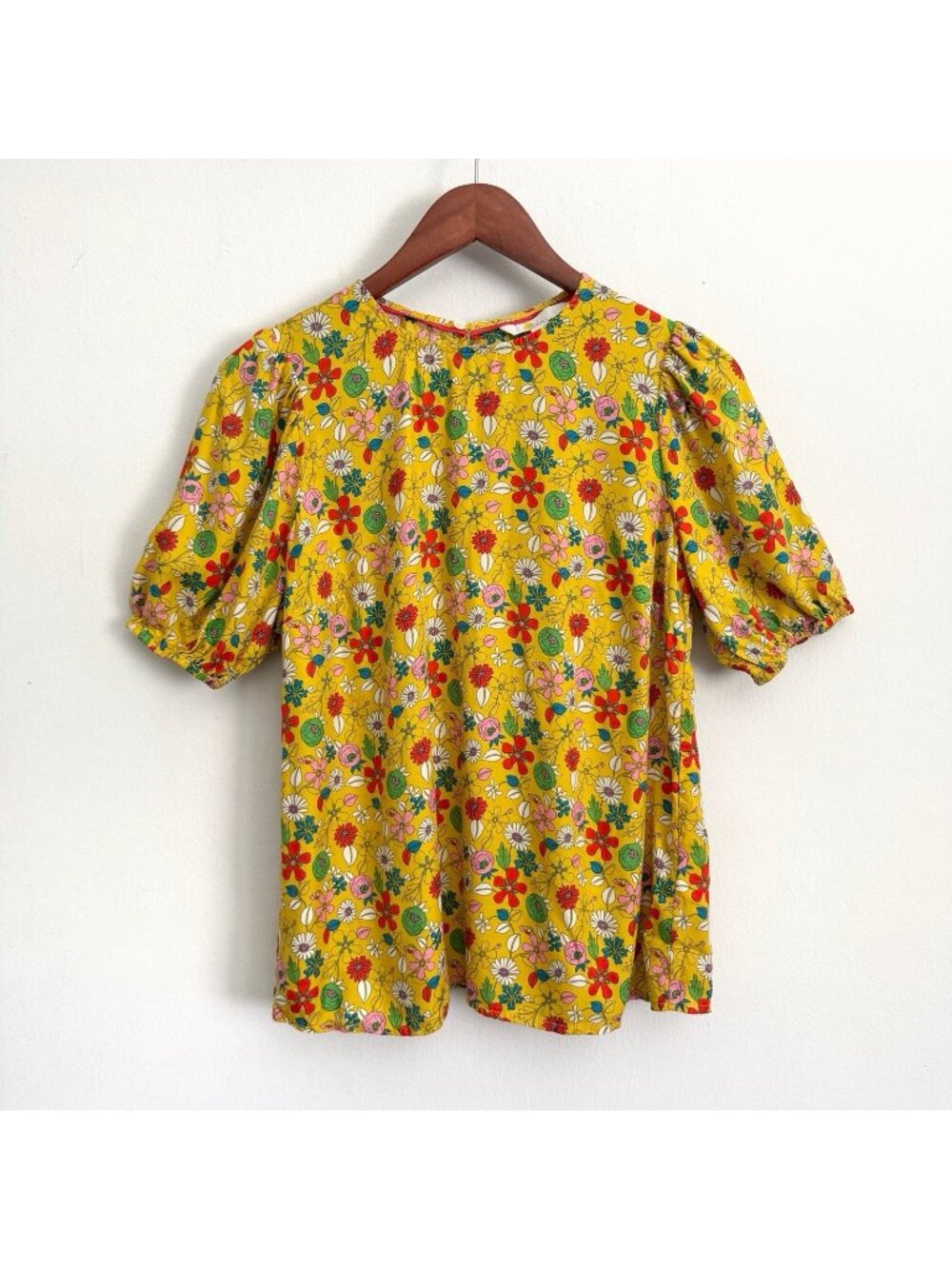 Boden Adriana Puff Sleeve Top Yellow Honeycomb Floral Blouse Women’s US 4